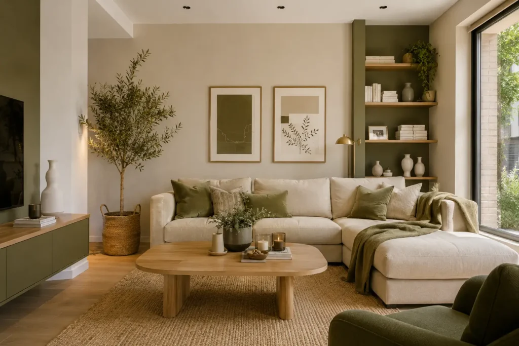 salón moderno que combina el color beige con el verde oliva