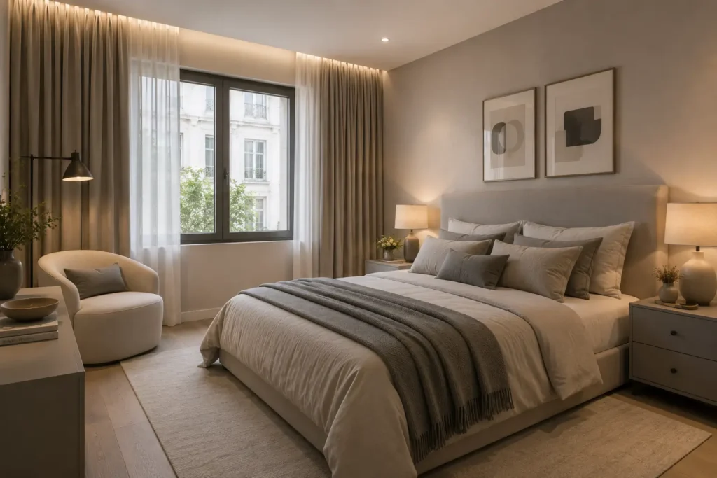 dormitorio moderno que combina el beige con el gris