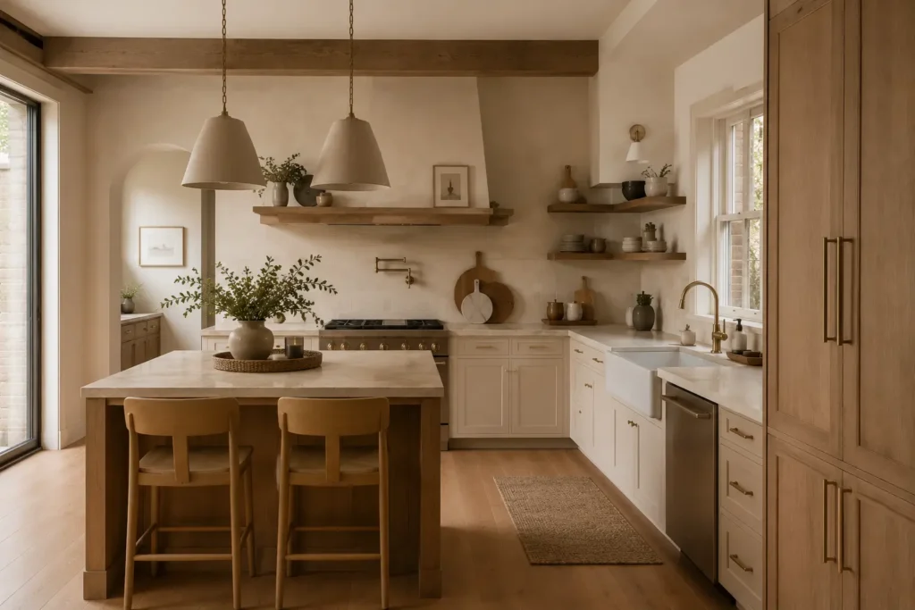 cocina moderna con toque rústico combinando colores beige y madera