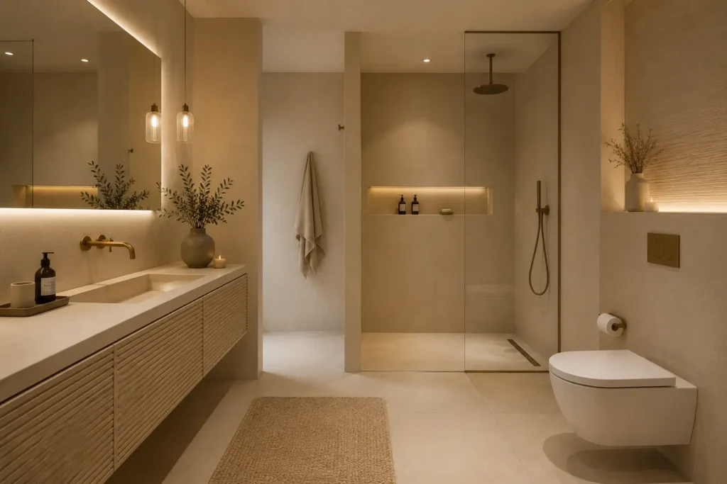 baño minimalista con colores tierra que combinan con beige