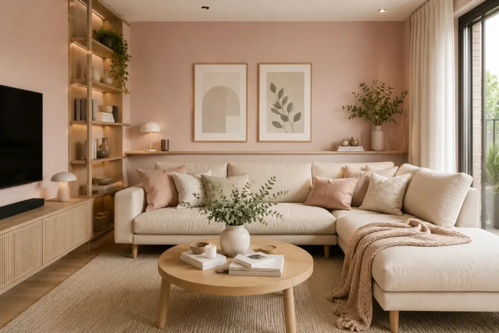 Colores que combinan con el rosa palo para crear armonía en tu decoración 8 salón moderno decorado en rosa palo y madera clara