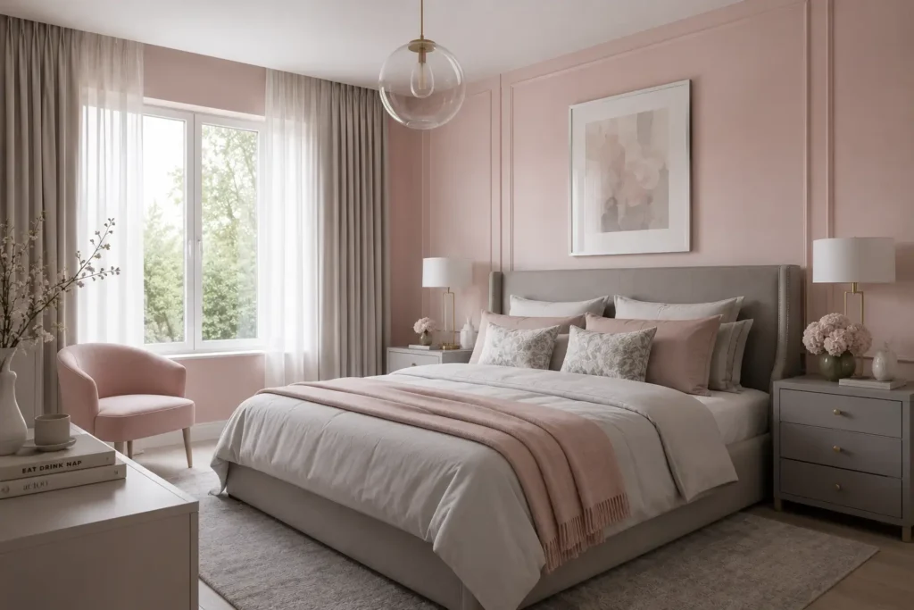 Colores que combinan con el rosa palo para crear armonía en tu decoración 10 dormitorio rosa palo y gris piedra elegante