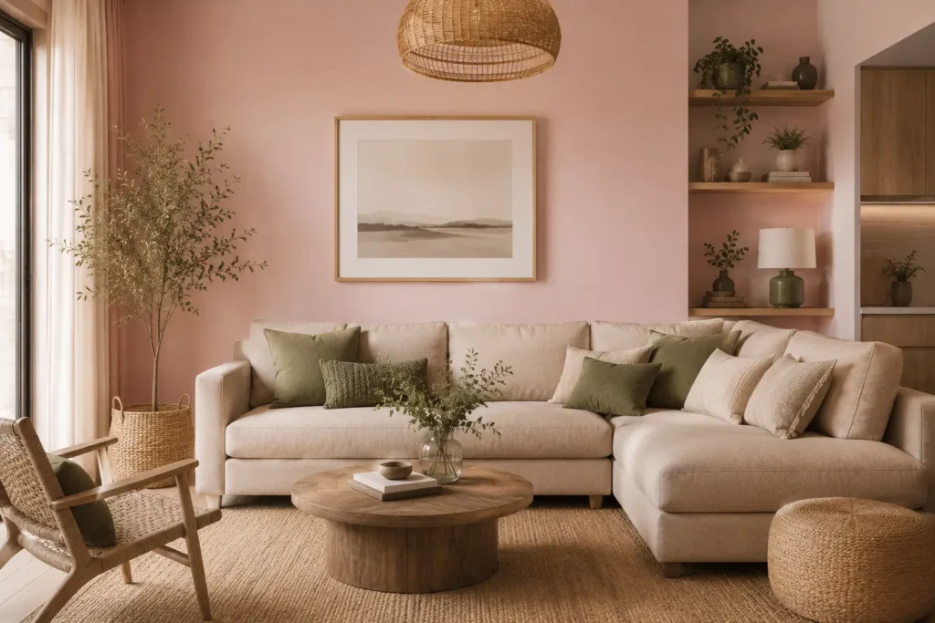 Colores que combinan con el rosa palo para crear armonía en tu decoración 11 decoración rosa palo y verde oliva en salón moderno