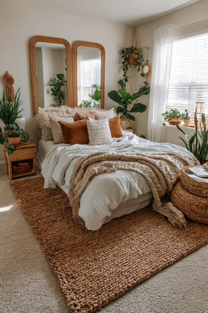 Dormitorio pequeño decorado con detalles naturales, textiles suaves y plantas verdes.