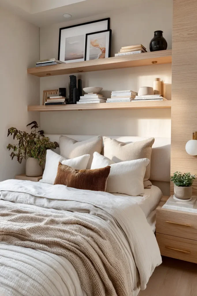 Dormitorio pequeño moderno con muebles ligeros y textiles acogedores.