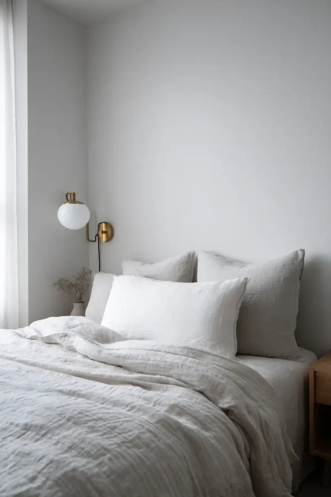 Dormitorio moderno y minimalista en tonos neutros con un estilo sereno y elegante.