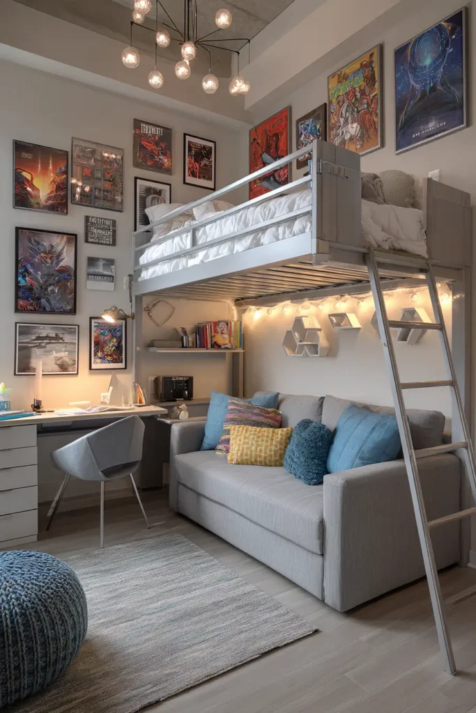 Dormitorio juvenil pequeño con diseño moderno, zona de estudio y estilo personal.