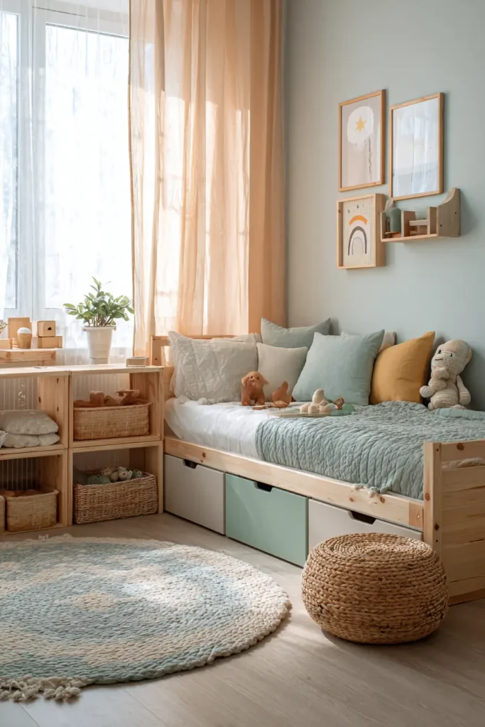 Dormitorio infantil pequeño, colorido y ordenado, con un toque alegre y creativo.