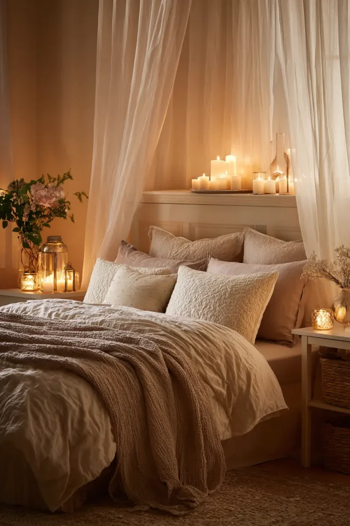 Dormitorio pequeño para pareja con decoración romántica y luz cálida.
