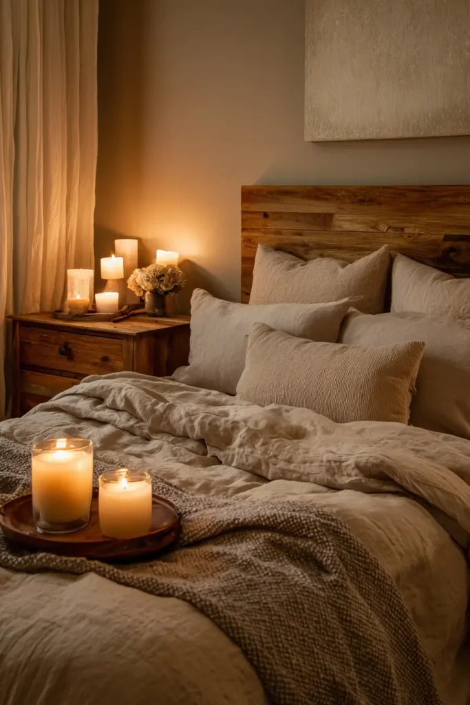 Dormitorio pequeño y relajante con tonos cálidos, luz suave y ambiente tranquilo.
