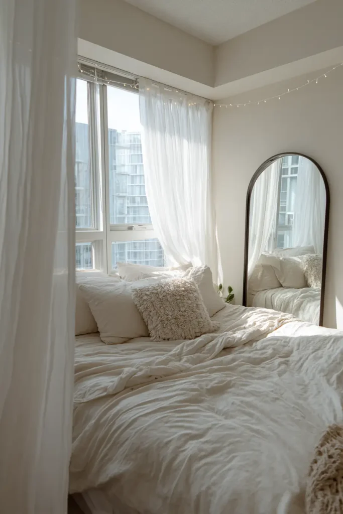 Habitación pequeña iluminada con cortinas ligeras y espejo grande que refleja la luz.