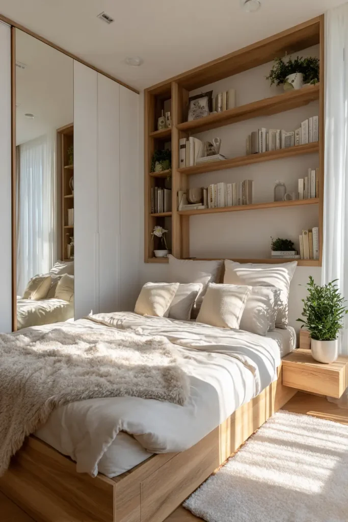 Dormitorio compacto con muebles funcionales y diseño moderno en madera clara.