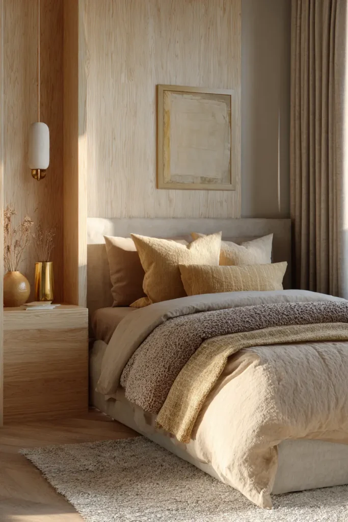 decoración de dormitorios pequeños elegantes con detalles dorados, madera clara y luz cálida.