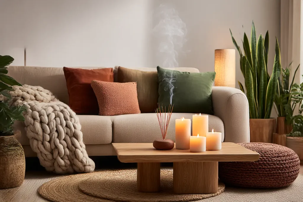 A professional interior photography of a cozy, sensorial living room. The scene features layered warm lighting with a floor lamp and several natural soy candles on a wooden coffee table. Soft textures are prominent: a chunky knit blanket over a beige sofa, velvet and linen cushions in terracotta and forest green, and a round jute rug. In the background, there's a burning incense stick with a thin wisp of smoke, potted plants (Sansevieria), and natural wood elements. The atmosphere is calm, inviting, and peaceful, with a warm color palette of earthy tones. High resolution, 8k, cinematic lighting